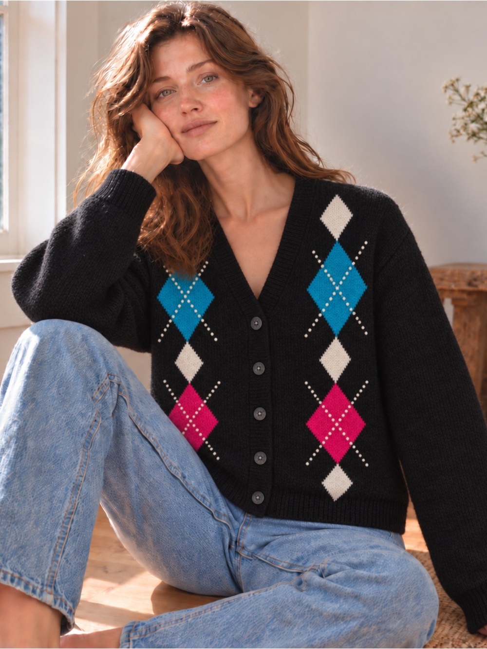 Vintage Argyle Cardigan with Pearl embellishments Large